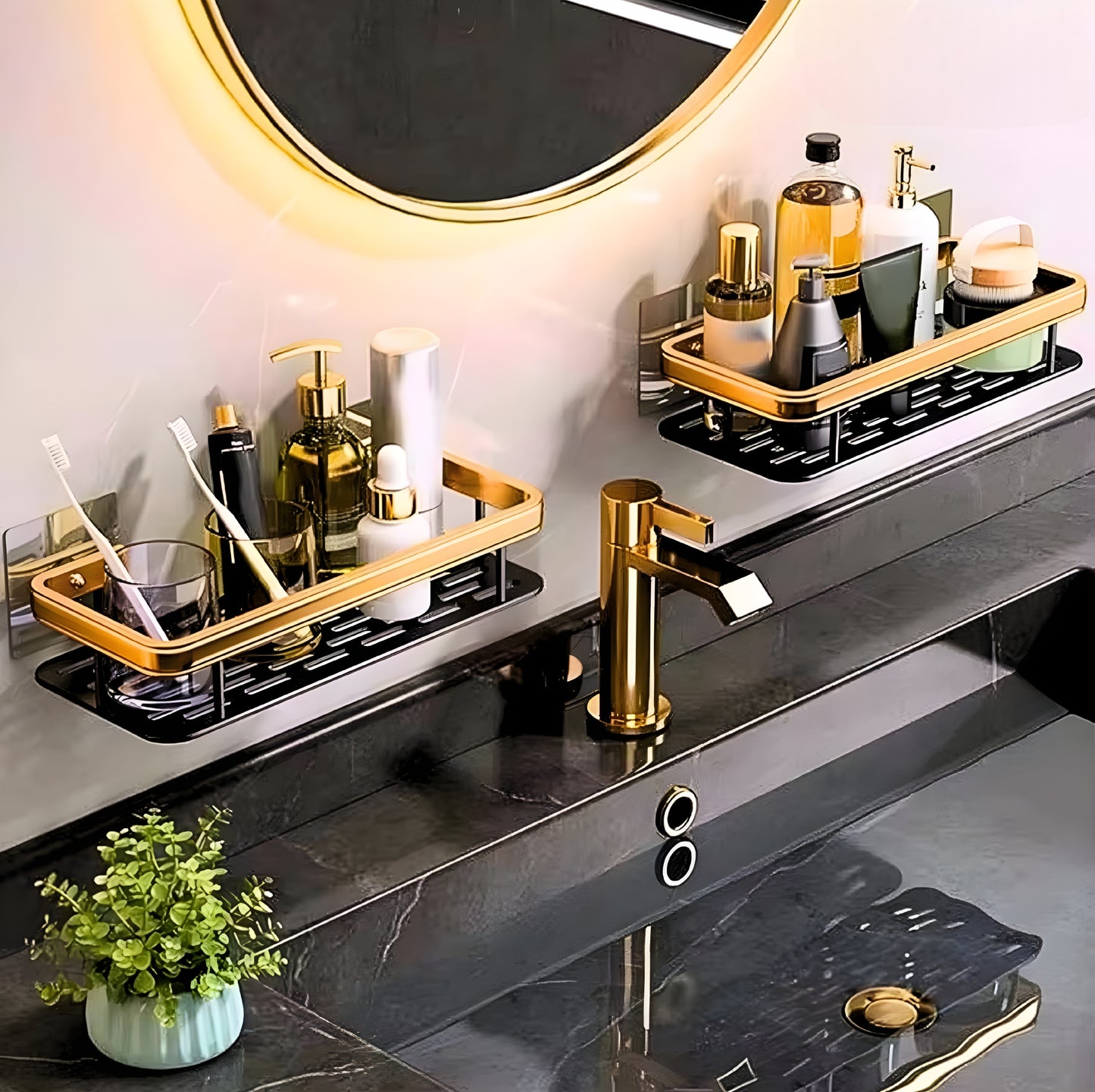 Gold & Black Luxury Bathroom Wall Shelf – No Drill, Rust‑Proof Organiser