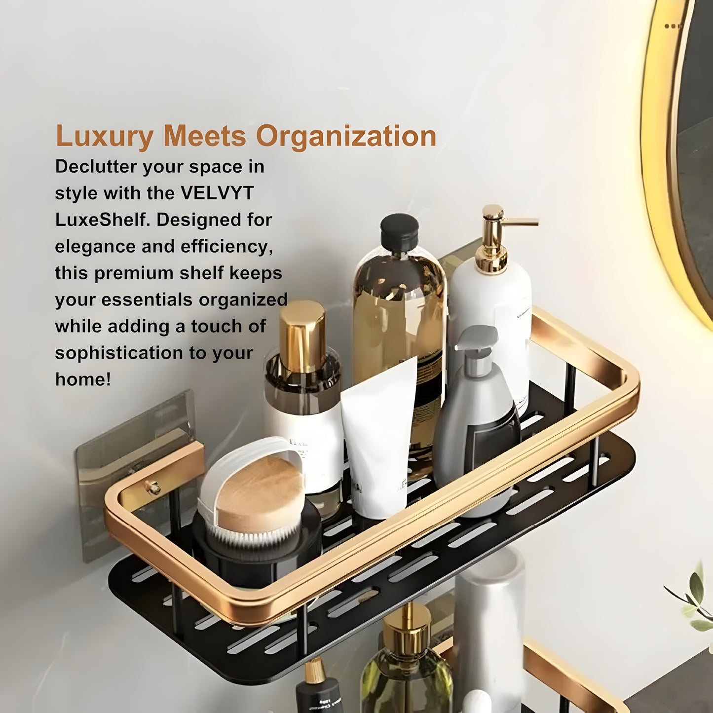 Gold & Black Luxury Bathroom Wall Shelf – No Drill, Rust‑Proof Organiser
