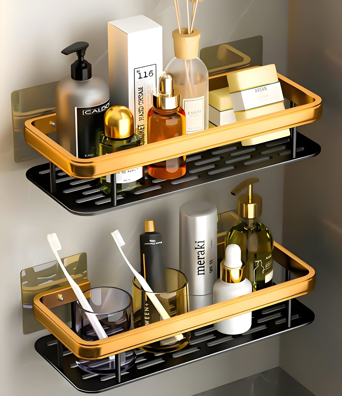 Gold & Black Luxury Bathroom Wall Shelf – No Drill, Rust‑Proof Organiser