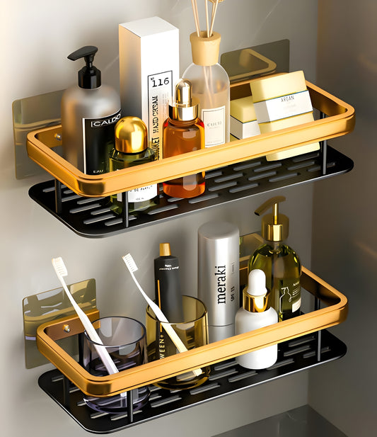 Gold & Black Luxury Bathroom Wall Shelf – No Drill, Rust‑Proof Organiser