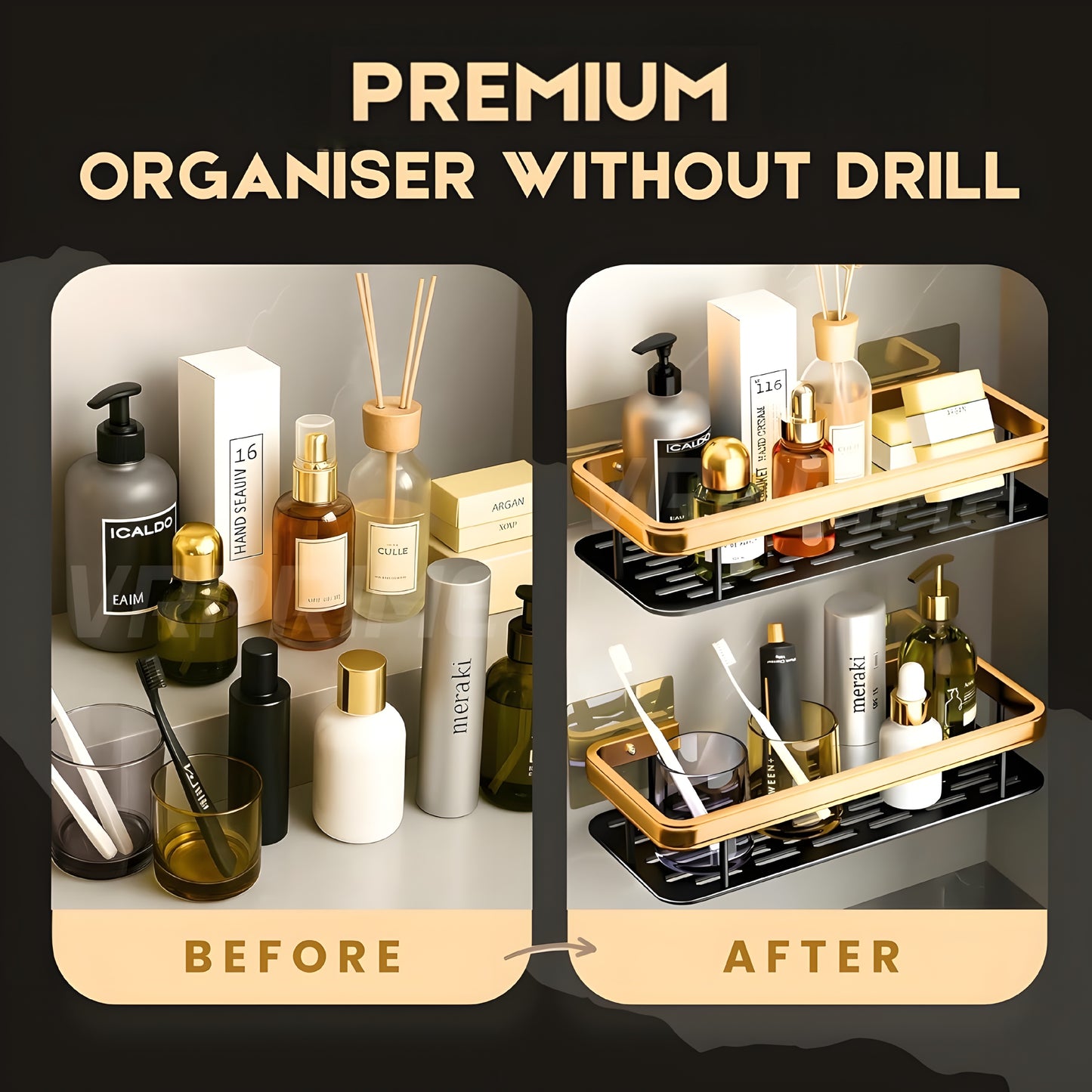 Gold & Black Luxury Bathroom Wall Shelf – No Drill, Rust‑Proof Organiser