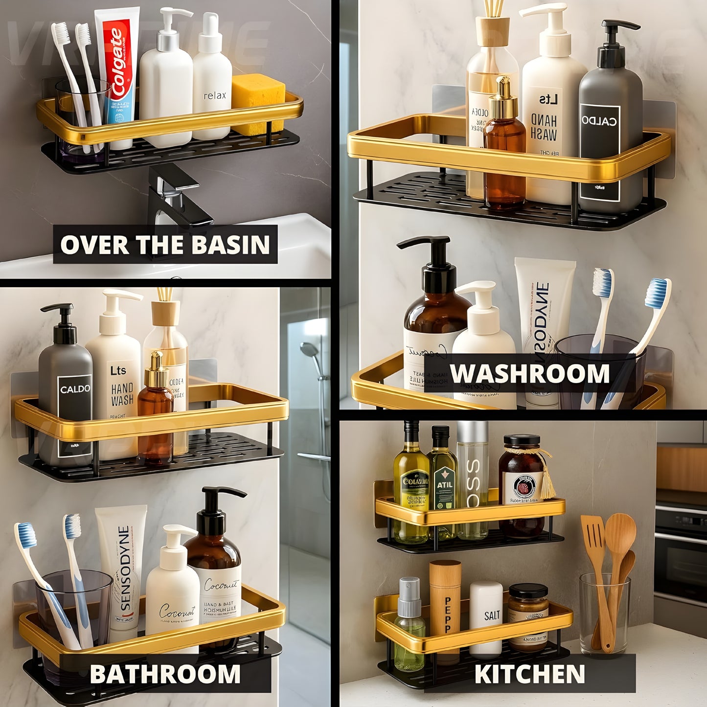 Gold & Black Luxury Bathroom Wall Shelf – No Drill, Rust‑Proof Organiser