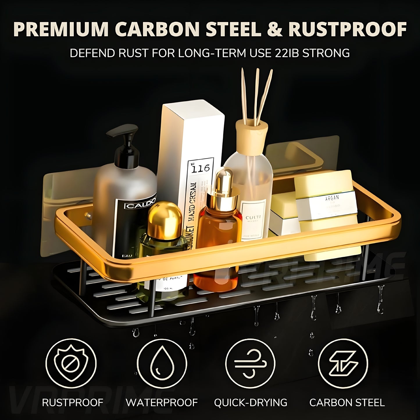 Gold & Black Luxury Bathroom Wall Shelf – No Drill, Rust‑Proof Organiser